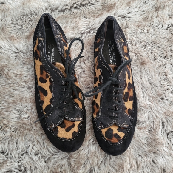 Attilio Giusti Leombruni Vintage Leopard Print Pony Hair Black Suede Size 38 - Picture 1 of 9